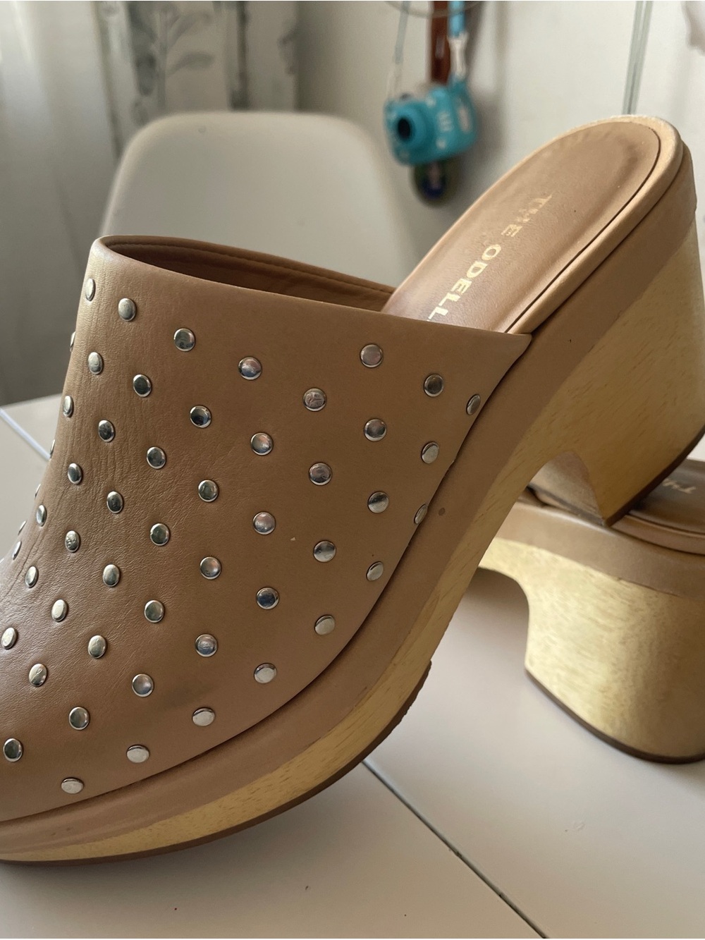 Studded Tan Leather Clog Mule with Wood-Look Block Heel